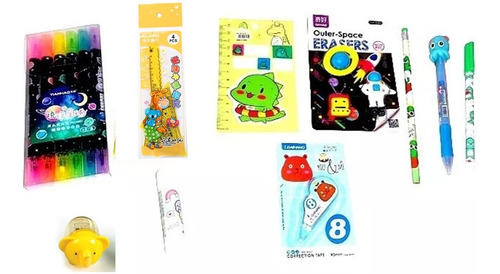 Pack Papelería - Kawaii Box Niño 10 Artículos Plumas Gomas