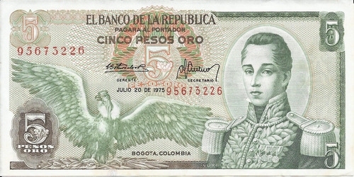 Colombia 5 Pesos 20 Julio 1975