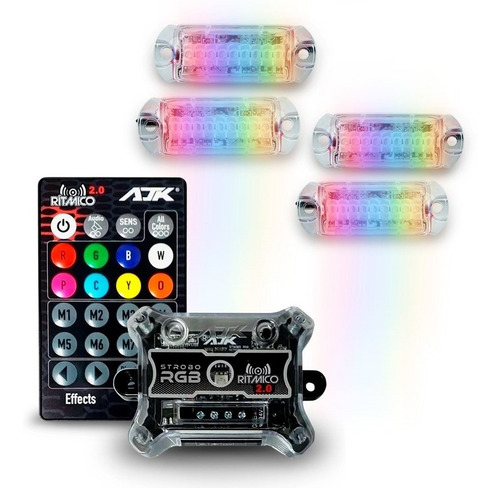 Imagem 1 de 10 de Kit Strobo Automotivo Ajk 4 Faróis Rgb Com Controle Rítmico