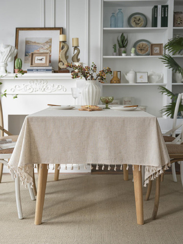 Mantel Rectangular De Lino Con Flecos Beige Vintage