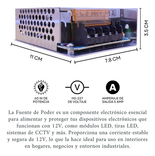 Fuente Balastra De Interior 60w 12v 5amp 100-277v Ip20