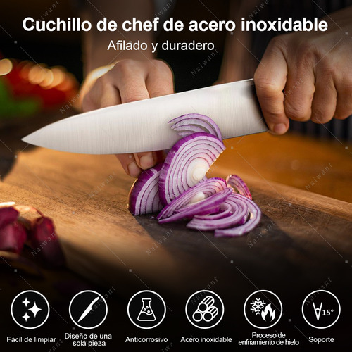 Naiwant® Cuchillo De Cocina Inoxidable Alto Profesional Con Piedra De Afilar Cuchillo Forjado A Mano Color Cuchillo De Chef Plateado Longitud del cuchillo 34,5 cm, grosor 3 mm
