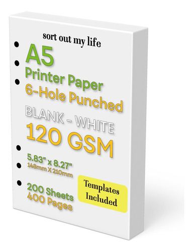 Papel En Blanco A5, 120 Gsm, 6 Hoyos, 200 Hojas (400 Papel X