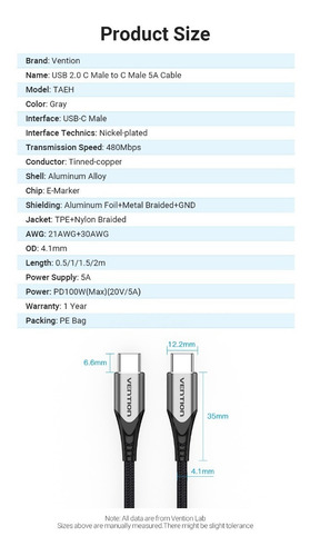 Imagen 2 de 9 de Cable Usb-c A Usb-c Marca Vention 1 Metro