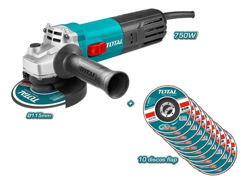Imagen 2 de 10 de Amoladora Angular Total 750w Con 10 Discos Flap