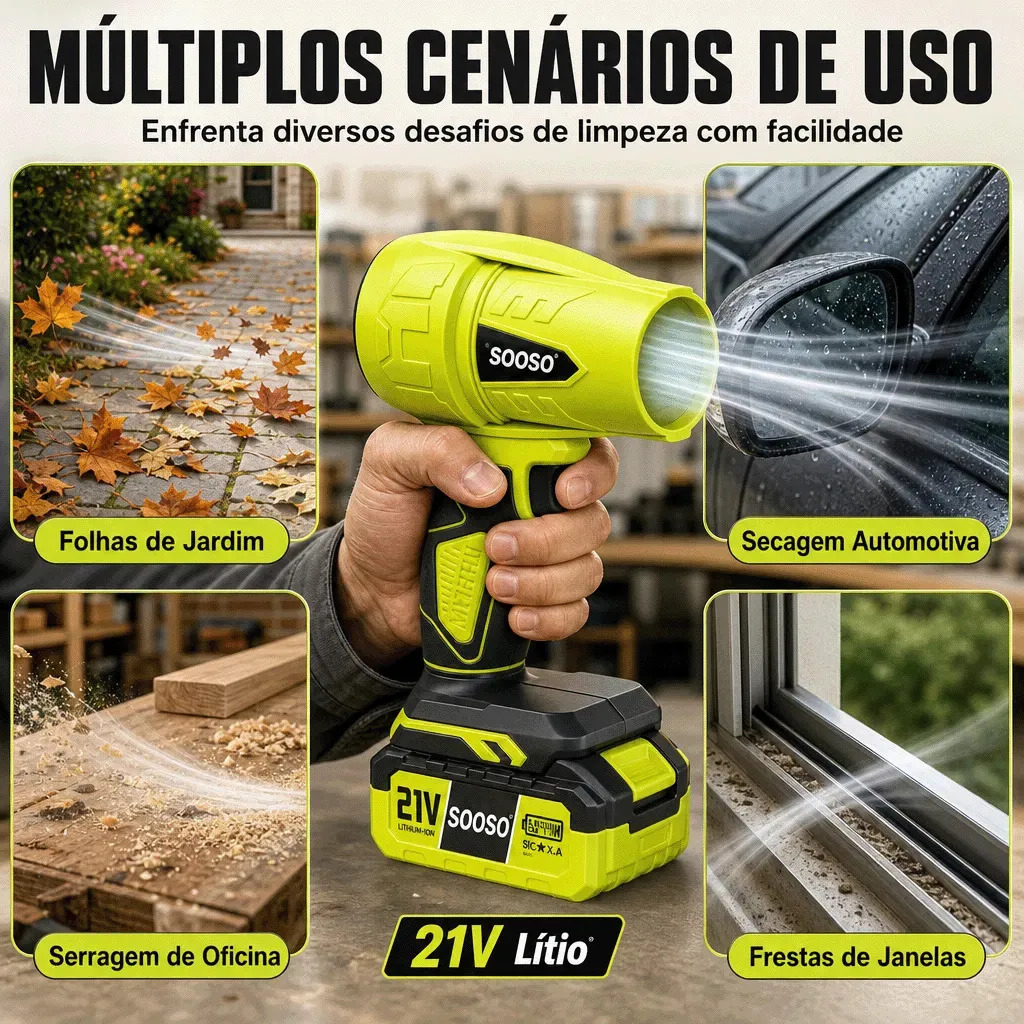 SOOSO Soprador Portátil Turbo 21V Recarregável Sem Fio Potente Soprador de Ar Elétrico para Jardinagem