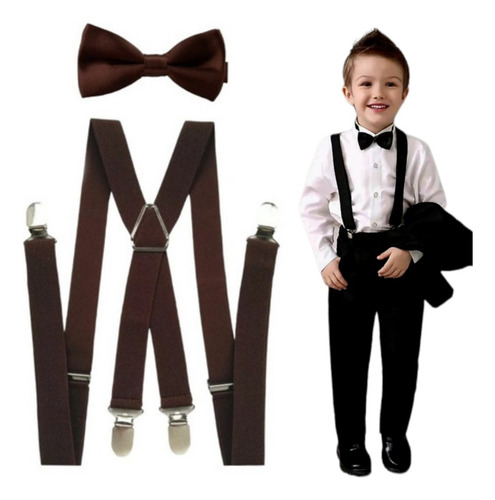 Paquete Especial 17 Tirantes Con Moño Ajustables Para Niño Café Liso
