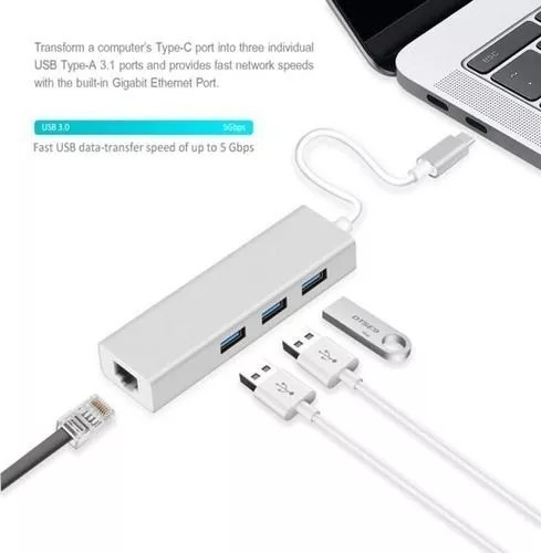 Hub Adaptador Tipo C 1000mbps Gigabit 3 Puerto Usb