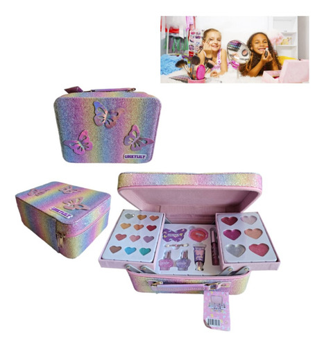 Set De Maquillaje Infantil Maleta Mariposa + Set Esmaltes