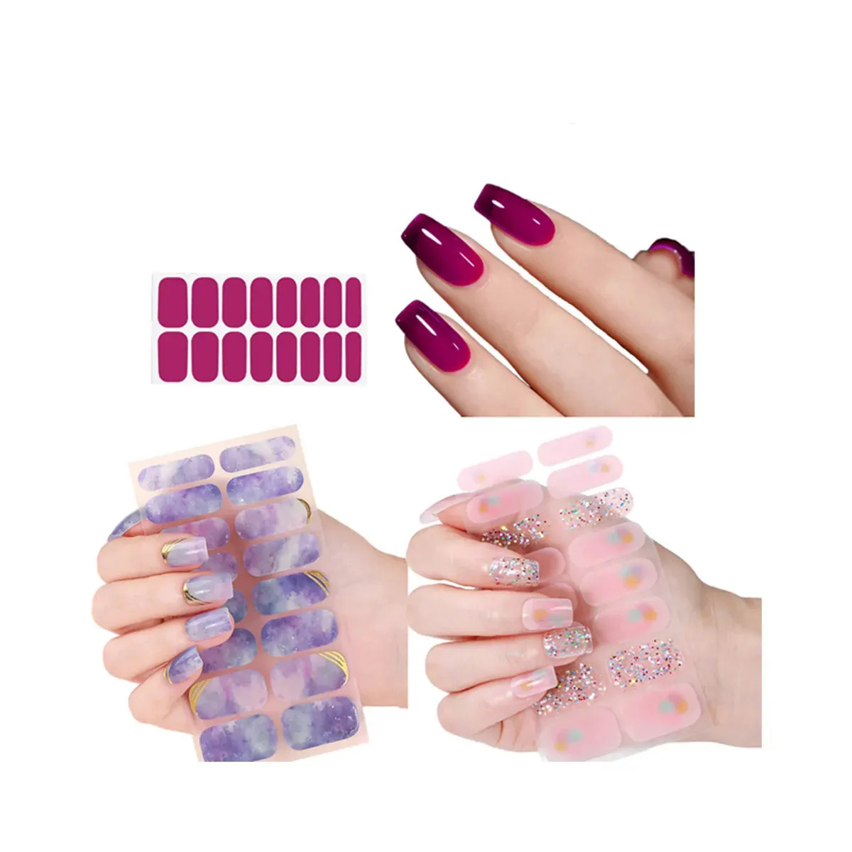 MOEOFUE Pegatinas para Uñas 3 Hojas Stickers Autoadhesivas Magenta Mármol Púrpura Dorado Glitter Holográfico Rosa Puntas Francesas Manicura Nail Art Diseño Completo Cubierta Fácil 