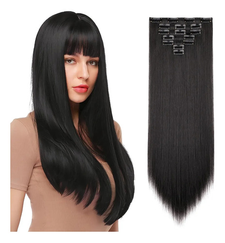 Extensiones De Cabello Con Clip, 7 Piezas, Cabeza Completa, Negro