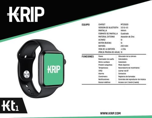 Imagen 2 de 4 de Reloj Inteligente Smarwatch Kt1 Bluetooth 4.0 Krip