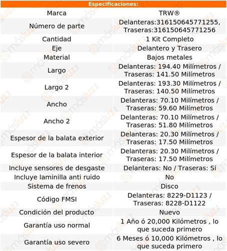 Jgo Balatas Bajos Metales Delanteras Y Traseras Ml350 06/11