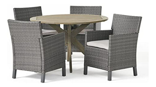 Juego De Comedor Exterior De Madera Y Mimbre, 5 Piezas, Gris