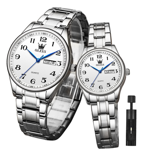 Relojes Para Pareja Acero Inoxidable Plateado Agujas Azules