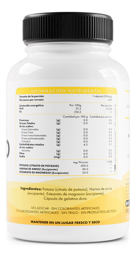 Citrato De Potasio De 365 Cápsulas Mantra Nutrition Sabor Sin Sabor