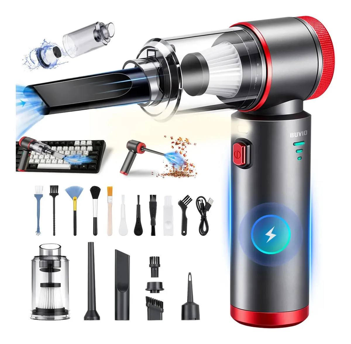 Kit Limpieza pc 120000rpm con 7 Boquillas y 10 Cepillos, BUYIO 6 en 1 soplador de aire, aire Comprimido y Aspiradora Ina