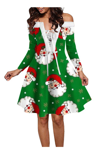 Vestido De Mujer Y Con Estampado Navideño Y Hombros Descubie