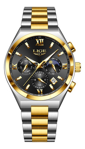 Reloj Pulsera Relojes Hombre Impermeable Acero Inoxidable Correa Plateado/Dorado Bisel Dorado Fondo Negro