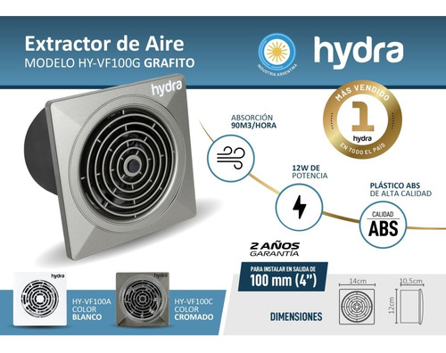 Extractor De Aire Hydra 100mm Cocina Baño Silencioso Grafito