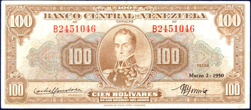 Billete De 100 Bolívares B7 Marzo 2 1950 Simón Bolívar