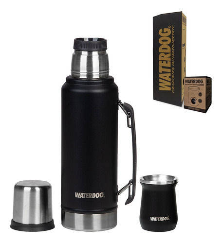 Combo Kit Termo 1 L Y Mate 160 Ml Waterdog Negro Acero Inox