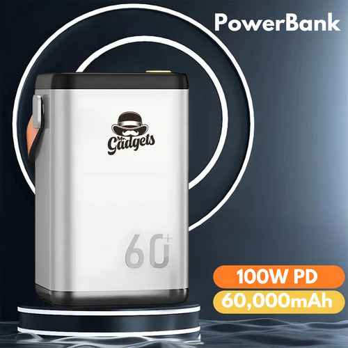 Mr. Gadgets Power Bank 60,000mah Bateria Portatil Compacta Carga Ultra Rapida 100w Puertos Usb Tipo C Compatible Con Laptops, Display Lcd, Usb A, Linterna Integrada, Color Titanio