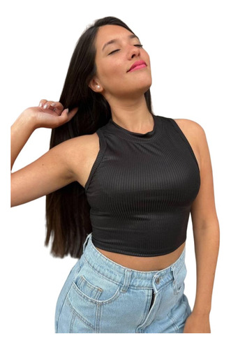 Top Remera Dama Corto Elastizado Metalizado Tendencia 