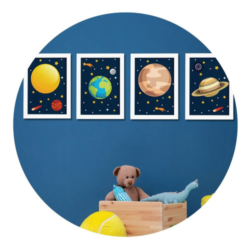 Quadros Quarto Infantil Sistema Solar Planetas 33x43 Kit 4un Cor Colorido