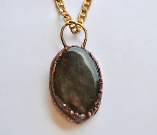 Collar Dije De Obsidiana Dorada, Joyeria De Autor, Cod1