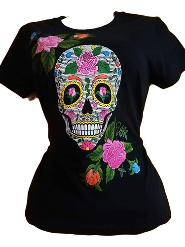 Playera Estampada Dama Mujer Serigrafia Calavera Rosas 