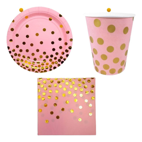 Party Store- Platos Vasos Servilletas Rosa A Lunares Dorados