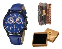 Comprar Kit Reloj Geneva Hombre Punk Pulsera Caja De Regalo Clásico