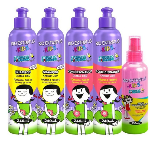 2 Shampoo + 2 Cond. + Spray Kids Cabelo Liso Bio Extratus