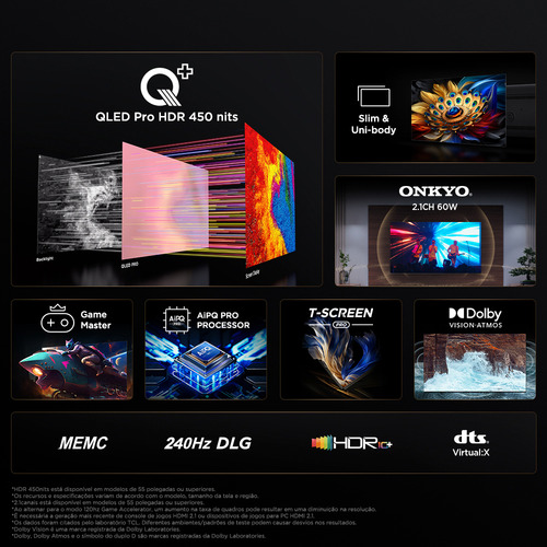 Smart TV QLED 98" Android TV Ultra HD 4K TCL C655 Comando de Voz HDR10+ 120Hz Bluetooth