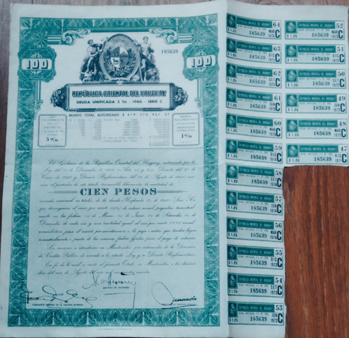 1960 Uruguay Titulo De Deuda Unificada Firmado Por Azzini