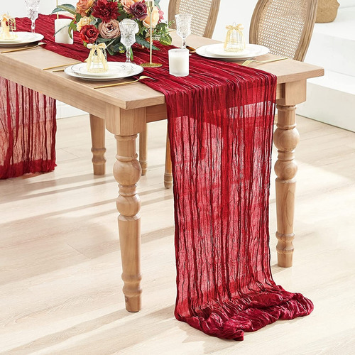 2pzs Caminos De Mesa Gasa Elegante Boho Decoración Boda Color Nude Red Mantel Decorativo Ruffled Mantel Decoración de Mesa Celebración de Cumpleaños Decoración de Estilo Vintage
