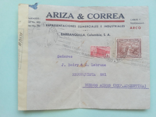 Barranquilla Colombia 1942 A Argentina Sobre Aereo Censurado