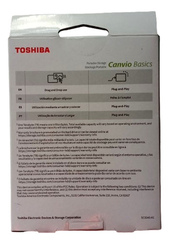 Disco Duro Externo 2 Tb, Usb 3.0, 2.5 , Toshiba Canvio Basic