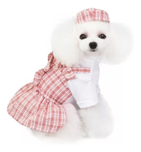 Vestido Para Mascotas A Cuadros Rojo Talla M Con Sombrero