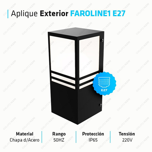 Aplique Pared Difusor Farol Exterior Luz Led E27 Faroline1 Color Negro