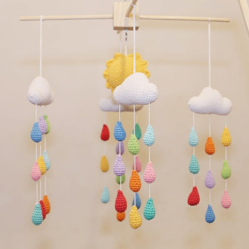 Movil Cuna Tejido Crochet Nube Con Gotitas Y Sol