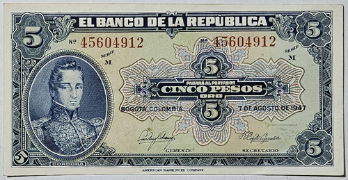 Billete 5 Pesos 07/ago/1947 Colombia Au