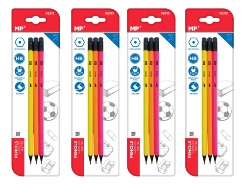 4 Pack De 3u Lapices Con Goma Fluorescente Mexico Paper Trazo Gris