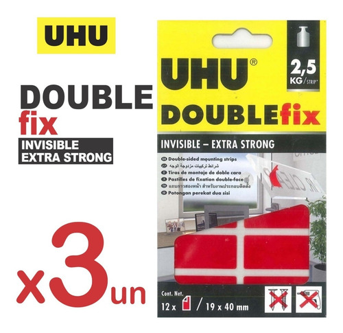 3 Uhu Double Fix Pegamento Adhesivo Invisible 2,5 Kilos