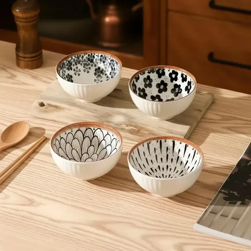Kit 4 Bowls Cumbuca Porcelana Floral Decorada 280ml Sushi Branco
