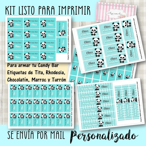 Kit Imprimible Osito Panda Mod.8 Verde Agua Deco Y Candy Bar