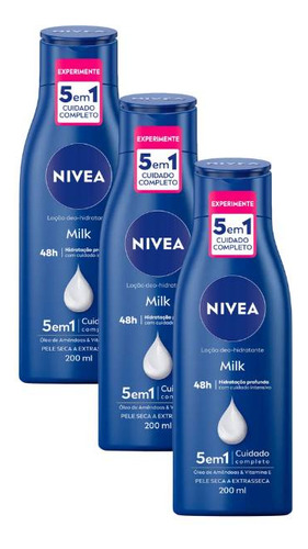 Kit 3 Loção Deo-hidratante Milk Pele Extraseca 200ml - Nivea