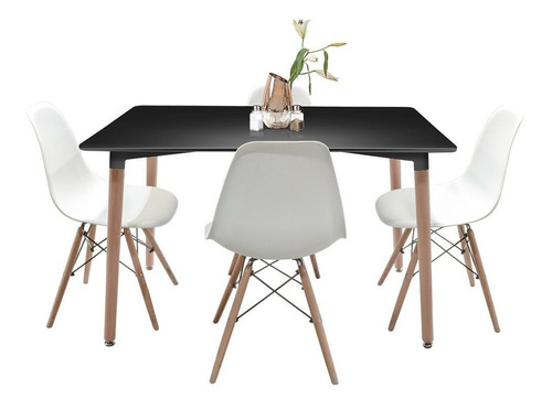 Comedor Eames Rectangular 120x80cm 4 Sillas Negro Y Blanco