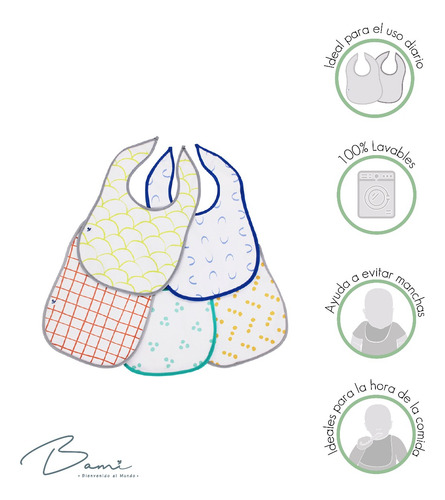 Bami Set De 5 Baberos Pecheros Impermeables Bandana Toalla